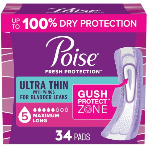 Poise Ultra Thin Incontinence & Postpartum Pads with Wings for Bladder Leaks, 5 Drop Maximum Absorbency, Long Length, 34 Count, Packaging May Vary