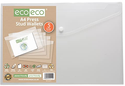 eco-eco A4 50% återvunnen klar transparent tryckknappsplånbok, plastmappar 310 x 238 mm (förpackning med 5), 200 mic, eco111