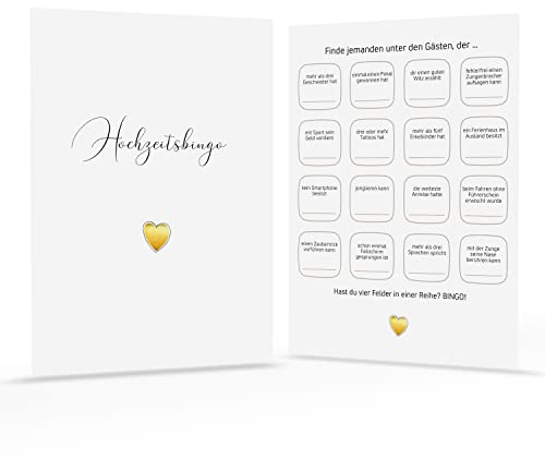 Luminick Hochzeitsbingo 50 Karten, Hochzeitsspiel für Gäste zum Kennenlernen, Hochzeitsfeier, Kennenlernspiel Hochzeit, stabiler & hochwertiger Postkartenkarton