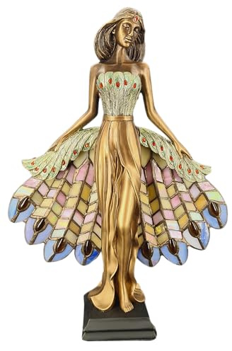 abc HOME | Tiffany Lampe Dame Tischlampe 41cm Hoch – Edle Tischleuchte Figur Frau aus buntem Glas – Nostalgie Glaskunst Nachttischlampe im Tiffany-Stil