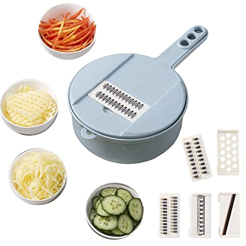 Gemüseschneider Gemüsehobel Zwiebel Zerkleinerer Gurkenhobel Gemüse Schneider Reibe Gemüsereibe mit Behälter, 5 Klingen Einstellbar Blau