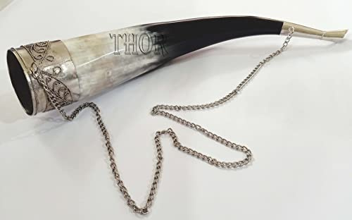 Viking Drinking Horn Mugs | Handmade Real Horn 3X16 inches Cups for Ale Wine Beer Chalice Norse Tankard with Aluminum chain Vikings Style Gift for Men - Birthday Christmas Anniversary