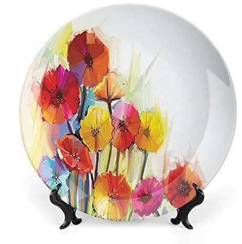 XISUNYA 6 Inch Decorative Plate, Watercolor Ceramic Stoneware, Flower Gerbera Bouquets Romance Blossom Print Ceramic Wall Hanging for Home Office Party Dinner Table Decor, Red Yellow