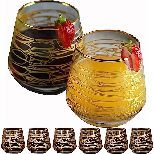 Vissmarta Lot de 6 verres à cocktail à bord doré pour cocktail, vin, whisky, verres en cristal avec bordure bordée pour jus, eau, boissons, bar, fête fantaisie, mariage, décoration