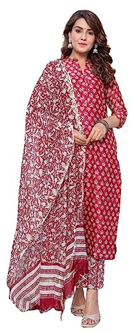 GRECIILOOKS Kurta och byxset för kvinnor med Dupatta-bomullsblandning tryckt och rak botten med snygg festival-duppata-kombo för damer, Röd, L