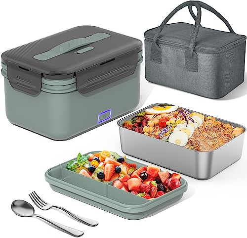 Carsolt Electric Lunch Box for Adults, 100W Heated Lunchbox with Insulated Lunch Bag, Spoon and Fork, Fast Heating, 1.8L Large Food Container, Leakproof, Ideal Gifts for Car Truck Drivers Green