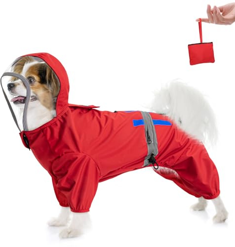 Eyein Wasserdichter Hunderegenmantel, Regenjacken für kleine Hunde mit Kapuze, Leinenlöchern und reflektierenden Streifen, Hunde Regenmantel mit Futter, leicht zu waschen und zu verstauen, S