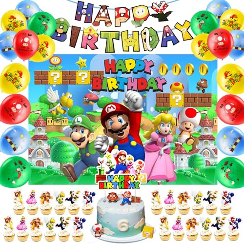 Birthday Party Decorations - 43 Pieces Including Balloons, Cake Decorations, Super Bro Banner, Backdrop Poster for Kids' Theme Party Supplies