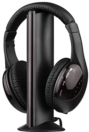 JINGFENG 5-in-1 Multifunctional Wireless Headset FM Hi-Fi Wireless Headphone Emitter & Receiver Set FM Radio Computer TV Monitor Cordless Headphone Wired Headset with Microphone for TV Listen/Chat