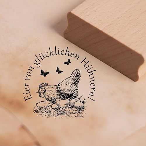 Motivstempel Eier von glücklichen Hühnern - Huhn mit Küken Stempel Ei Landhaus Holzstempel 38 x 38 mm