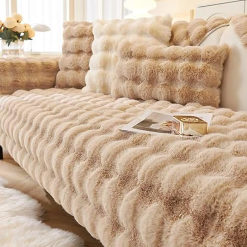 Hovoto Sofa Überzug, Kaninchen Plüsch Sofabezug L Form 1 2 3 4 Sitzer Sofa Überzug Ecksofa, Universelle rutschfeste Sofaschoner, Weiche Dicke Plüschsofa Kissenbezüge, Leichter Kaffee, 70 * 210cm