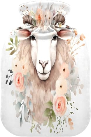 Wärmflasche mit süßem Schaf, Rosen und Bezug, weich, warm, für Winter, Bett, Hand, Hals und Schultern, 2 l