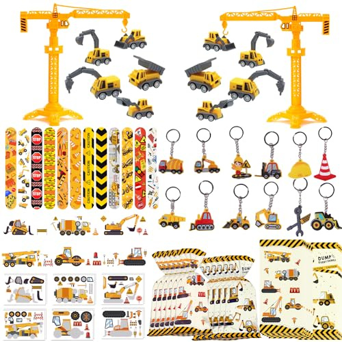60 Stück Geburtstagsparty Zubehör für den Bau, Spielzeugset mit Bagger, Bohrwagen, Straßenwalze, Bulldozer, Schlüsselanhänger, Aufkleber, Pat-Ringe, Geschenktüten, Baustelle Mitgebsel Kindergeburtstag