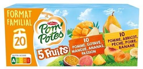 Délicieuses Compotes Pom'Potes Bi-Variété - 5 Fruits Rouges + 5 Fruits Exotiques - 20x90g | Sans Sucres Ajoutés | Idéales pour les Enf - Le Lot De 3