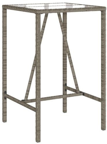 vidaXL Garten Bartisch, Stehtisch mit Glastischplatte Stahlrahmen, Bistrotisch für Garten Terrasse, Gartentisch, Modern, Grau Poly Rattan