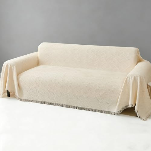 LHGOGO Sofa Cover mit Gewebtem Muster und Fransen - 180x340cm Doppelseitige Sofadecke 3 Sitzer Große Sofaüberwurf Decke als Couch Überwurf, Sofa Überzug - Creme