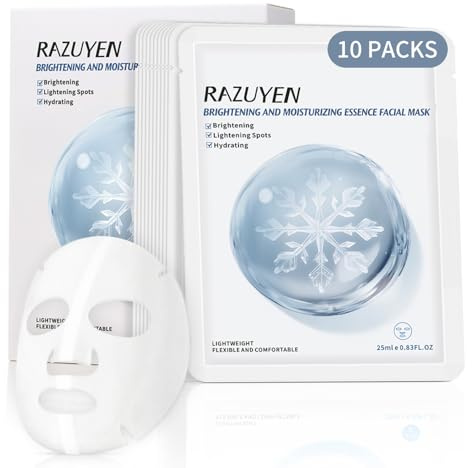 RAZUYEN Brightening Face Mask (10 Sheets), With Rosa Water, Niacinamide, Vitamin C and Hyaluronic Acid, Face Sheet Masks for Glowing, Soothing and Hydrating Skin, Added Fragrance Free