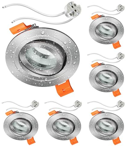 ledscom.de 6x Bad-Deckeneinbaurahmen ERID, Feuchtraum, Badezimmer, IP44, rund, schwenkbar, aluminium matt, inkl. GU5.3 Fassung