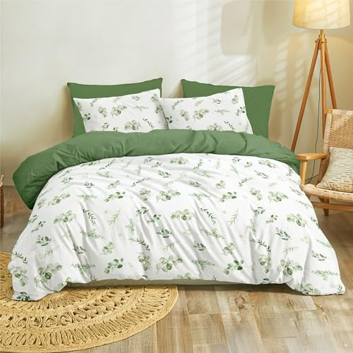 Dreamzie Påslakan 200x200 cm med 2 örngott 65x65 cm, Sage Green Botanical Mönster, Sängkläder Set 200x200 Bladmönster, Dubbelsänglinne med dragkedja, Oeko TEX