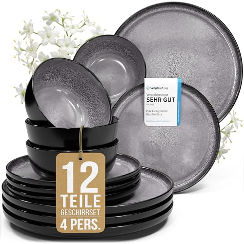 Ibiza Stoneware Crockery Set for 4 People, 12 Pieces, Test Winner, Dreamlike Mediterranean Stoneware Crockery Set, Bowl and Plate Set, Dinner Service for 4 People, Pure Living Crockery Sets in Grey