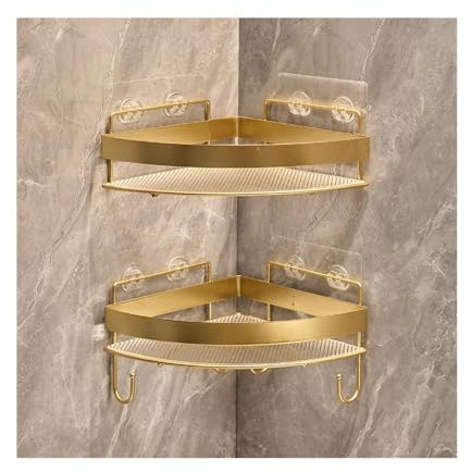 Badezimmerregal für Bad und Küche 2er-Pack Eck-Duschregale mit Haken, dreieckige Duschregale zur Wandmontage, Dusch-Organizer aus Acryl ohne Bohren mit Metallzaun for das Badezimmer Duschablage(Gold)