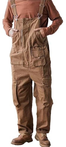 Rexcyril Men's Bib Overalls Baggy Loose Fit Casual Workwear Fashion Lightweight Sloppy Coveralls with Cargo Pockets, Brown, 32