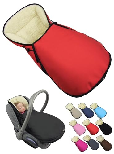 Fotsäck för babystol [vinteråkpåse] för barnbilstol kompatibel med Maxi Cosi babyskålar grupp 0 lammull sittdyna justerbar (röd)