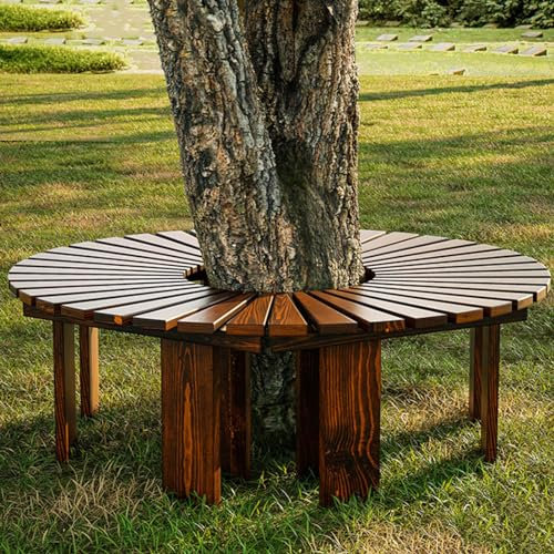 Massivholz Runde Parkbank Outdoor Möbel, Gebogene Bänke Holz Halbrunde Baumbank für Garten, Terrasse Lounge Sitzgelegenheit - Lattensitz Fanförmige Bank mit rückenfreiem Design
