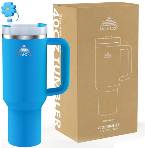 Tumbler 40oz - Taza Termica Cafe para llevar con Pajita y Tapa - Vaso Termico Acero Inoxidable con Asa - Bebidas frías y calientes - Fría durante 10 horas - Helada durante 48 horas - 1200ml - Azul