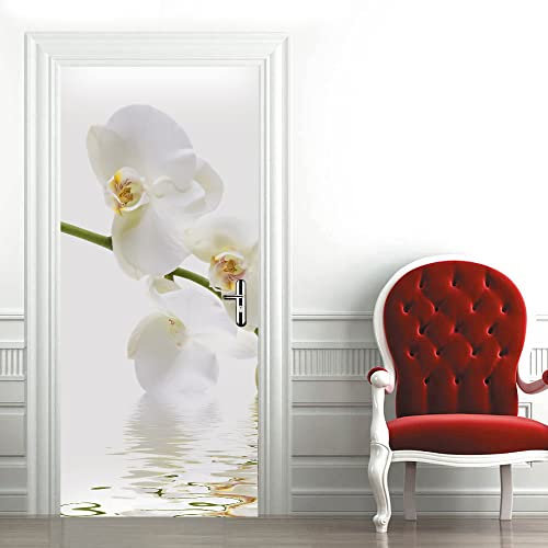 3d Stickers Porte Orchidées blanches 3d Sticker Porte En Bois Auto-AdhéSif Mural De La Maison Stickers Muraux Chambre Salon Affiche Amovible Art Autocollants L77 x H200cm