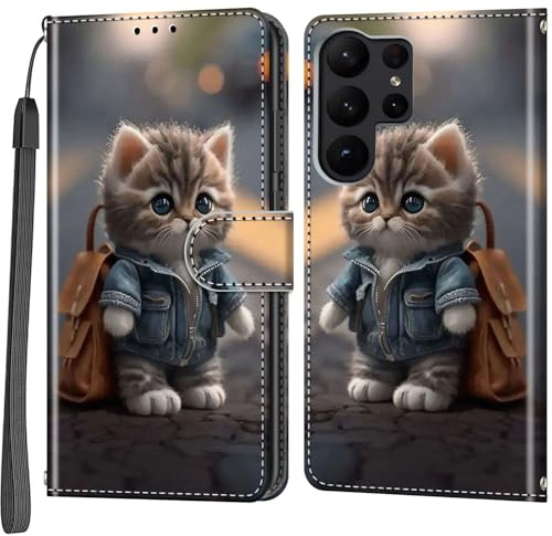 Handyhülle für Samsung Galaxy S23 Ultra Hülle, Katze | Kartenfach, Standfunktion, Magnetische, Klappbar PU Lederhülle, Stoßfeste, Faltbar Klapphülle, Handytasche