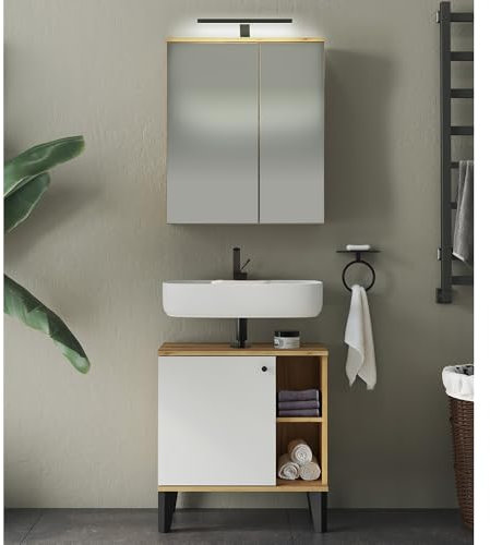 Lomadox Waschplatz-Set 2-teilig mit Waschbeckenunterschrank 60 cm, LED-Spiegelschrank, in Eiche und Weiß, modern