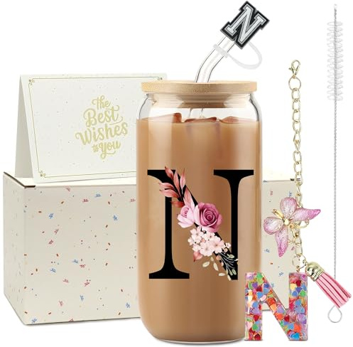 ZIOSINM Buchstaben Personalisierte Geschenke für Frauen, Glasbecher | Glasbecher mit Deckel & Strohhalm + Schlüsselanhänger Buchstabe, Geschenke für Frauen zum Geburtstag Weihnachten Valentinstag