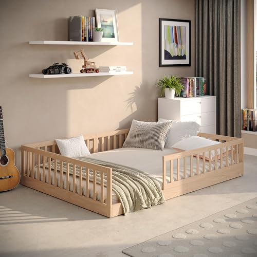 CADANI Timi Kinderbett 140x200 cm Bodenbett, Rausfallschutz abnehmbar, bis 200 kg belastbar, Roll-Lattenrost, Montessori Kiefer Massivholz Bett, 3 Aufbauvarianten, umbaubar, Natur