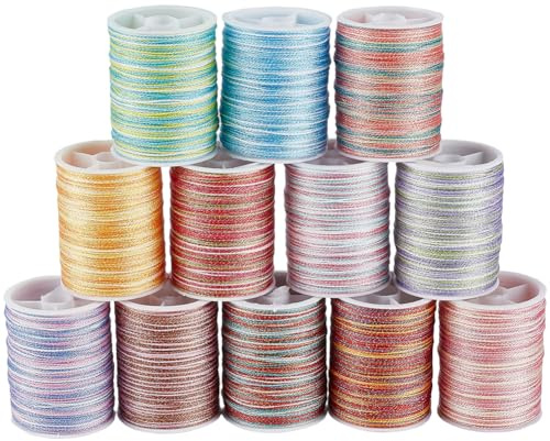 CABODYALS 12 rullar 240 m flerfärgad metalliskt snöre skimmer sömnad jul broderi tråd polyester glitter snöre rullar för sömnad tillverkning hantverk jularmband pärlor halsband