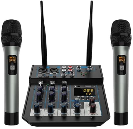 Mesa Mezclas DJ, Consola mezcladora de Audio for DJ, 2 uds., 4 canales, con mezclador Bluetooth, micrófono inalámbrico UHF