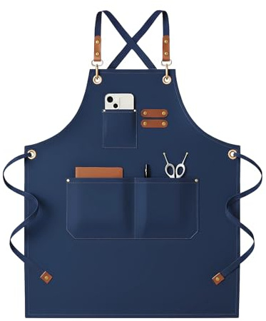 Robust förkläde för damer och herrar i segelduk – Justerbart med stor ficka, smutsavvisande. Perfekt för kök, grillning, målning, trädgårdsarbete och hantverk (Blå)