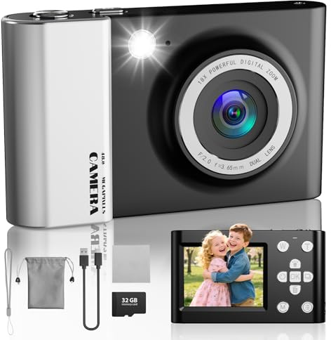 CHAKEYAKE Cámara Digital 4K, 64MP Cámara de Fotos para Vlog con Tarjeta 32 GB, Pantalla LCD de 2,4, Zoom Digital de 18X, Enfoque Automático, Camara Compacta Portátil para Niños Principiantes, Negro