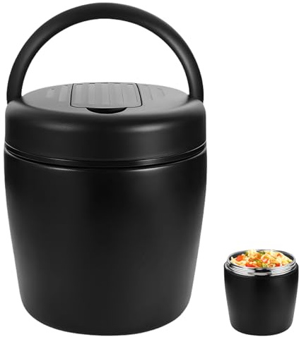 Thermobehälter Für Essen 1500ml, Warmhaltebehälter Essen Edelstahl Mit Schnallendeckel Und Löffel, Blockhütte Thermobehälter, 6 Schicht Verfahren Thermobecher Essen Für Picknick,Schulen, Büros,Schwarz