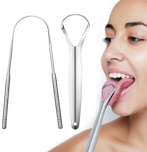 Juego de 2 Raspadores de Lengua de Acero Inoxidable, Diseño en U y Doble Cara para una Limpieza Profunda, Elimina el Mal Aliento y la Saburra Lingual, para Cuidado Bucal de Adultos y Niños