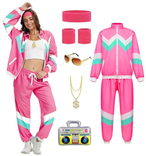 YRTBGD 80er 90er Jahre Outfit Damen,Retro 80er Jahre Trainingsanzug Jacke Hose Anzug mit Goldkette Aufblasbare Radio, Halloween Karneval für Damen (Rosa, M)