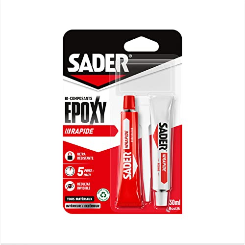 SADER - Colle Epoxy bi-composant Rapide - Colle forte et résistante - Collage accéléré - Tous Supports - Transparent - 2 tubes de 15 ml