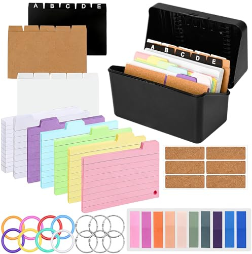 ACOMTUO Karteikarten Box,mit 150 pcs 6 Farbindex,100 Notizzettel mit horizontalen Linien,15 Registern,6 Etikettenaufkleber aus Holz,8 Farbige Kunststoffringe,1 Haftnotizen,6 Metallring