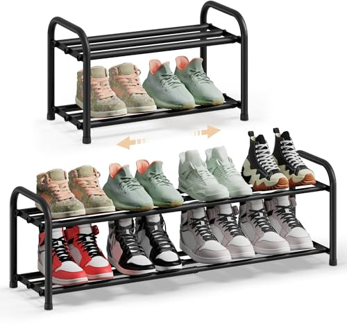 SONGMICS Schuhregal ausziehbar, 2 Ebenen, mit verstellbaren Ablagen | Schuhablage, aus Metall, für Flur, Ankleidezimmer, Wohnzimmer, tintenschwarz, DAVIAN Kollektion LMR026BD01