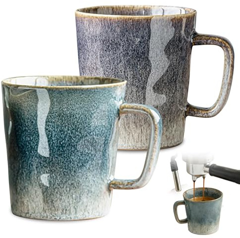 WIYETY 2 tazas de café de 400 ml: tazas de cerámica de gres con asa, taza de cerámica de diseño retro, juego de taza de té, tazas de té de cerámica, regalos para café y té, azul+gris