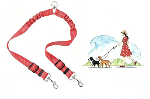 Aiyraa Red Double Dog Lead for Walking 2 Dogs, No Tangle 360° Swivel Split | No Tangle 360° Swivel Split Dog Lead, Bungee Shock-Absorbing for S/M/L, Extendable Heavy Duty Double Ended Twin Dog Leash