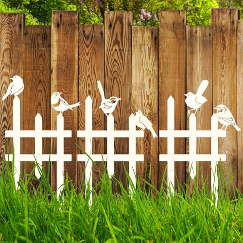 3 Pcs Small Garden Fence with 6 Piece Bird Decoration, Rustic Garden Decor | Insert Lawn Picket Fence Garden Borders Decorative for Landscape Path Flowerbeds Plant Yard, Fence Decorations Outdoor(White)
