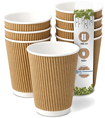 BIOZOYG 500 Stück Kaffeebecher isolierte Pappbecher 300ml / 12 oz Ø 90 mm weiß/braun - geriffelt plastikfrei nachhaltige Materialien - Einwegbecher Glühweinbecher