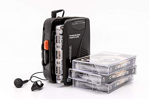 GPO Portable Retro Personal Cassette Player/Recorder with Built-In Speaker and Microphone, Tape Recorder with FM Radio, 3.5mm Headphone Jack, Earphones, Black