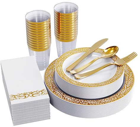 FOCUSLINE 175 Ct Gold Dinnerware Set for 25 Guests, Plastic Plates with Gold Lace Rim Design, Including 25 Disposable Dinner & Dessert Plates, Cups, Napkins, Cutlery Set